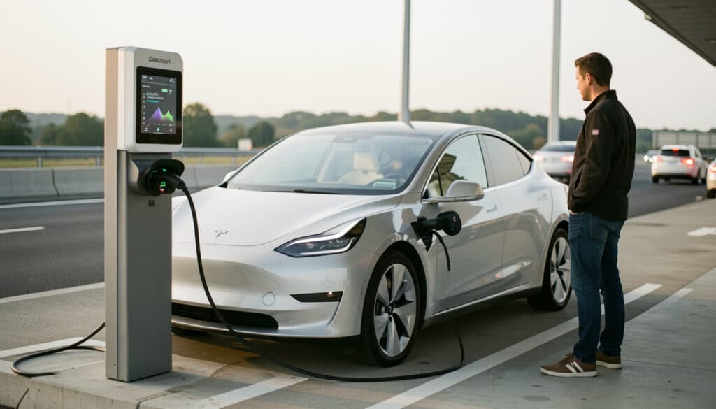 Recharge rapide de voiture électrique sur la route