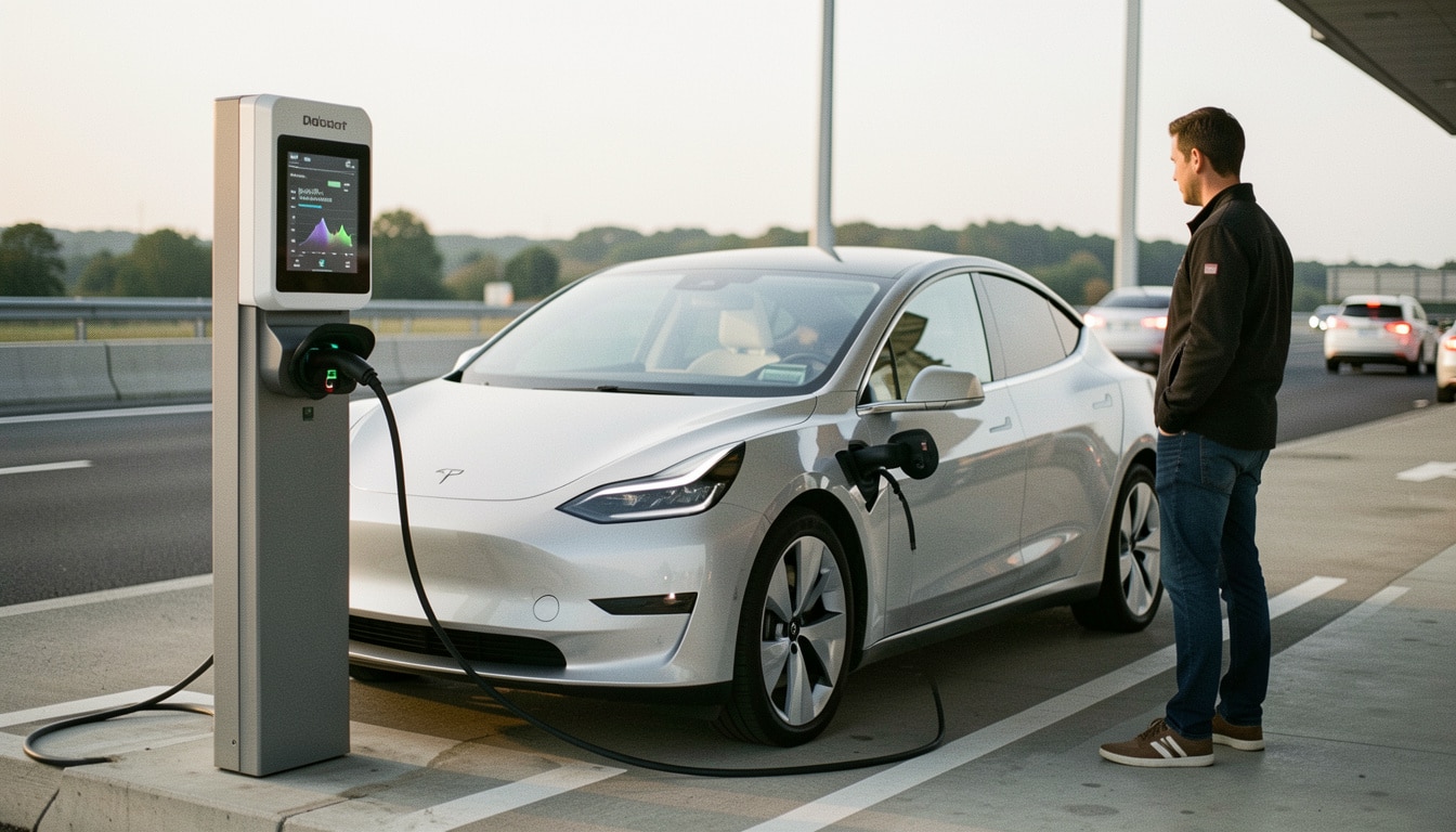 Recharge rapide de voiture électrique sur la route